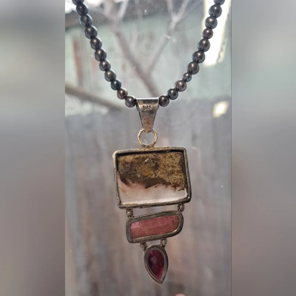 Vintage Genuine Pearl Necklace With 925 Sterling Silver Gemstone Pendant